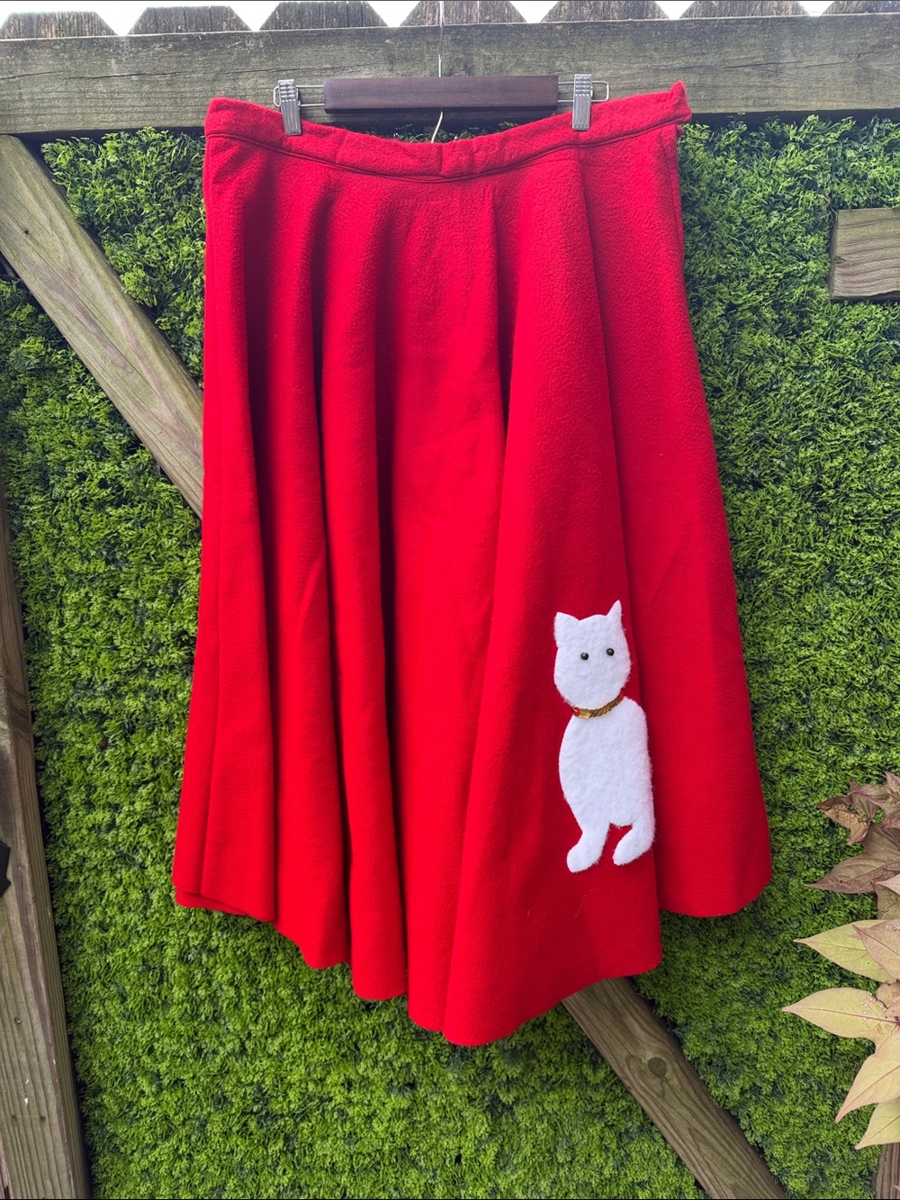 Vintage 50’s Style Handmade Red A-Line Skirt with White Cat Applique